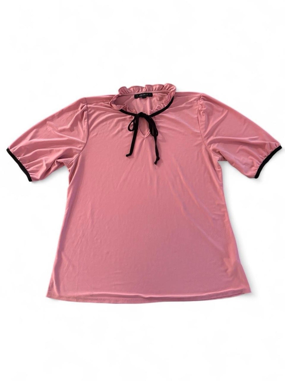 Atelier 29 Dusty Pink Ruffle Neck Tie Keyhole Blouse Short Sleeve Contrast Trim